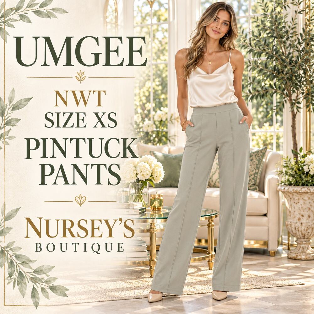 NWT Umgee Sage Gray Pintuck Wide Straight Leg Pull On Pants XS